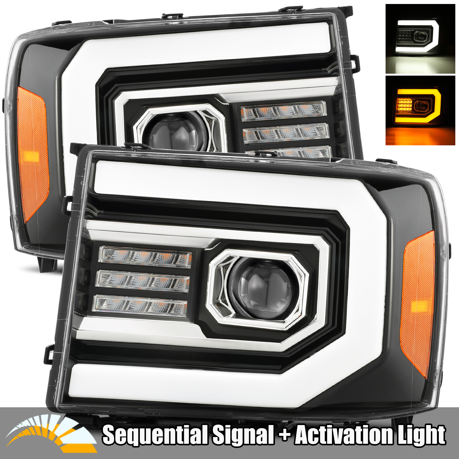 For 2007-2013 GMC Sierra Sequential Signal/DRL Polish Black Projector Headlights