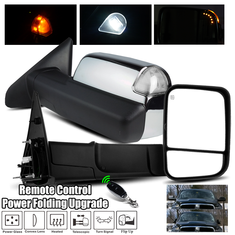 For 02-08 Ram Remote Controlled Power Folded Chrome Towing Mirrors/Clear Signal